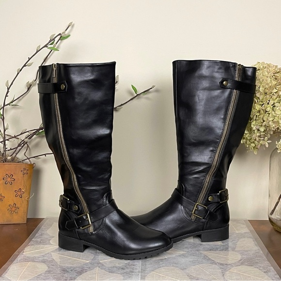 Charlotte Russe Corryn Edgy Wide-Calf Asymmetrical Gold Zipper Buckled Moto Boot - Picture 1 of 16